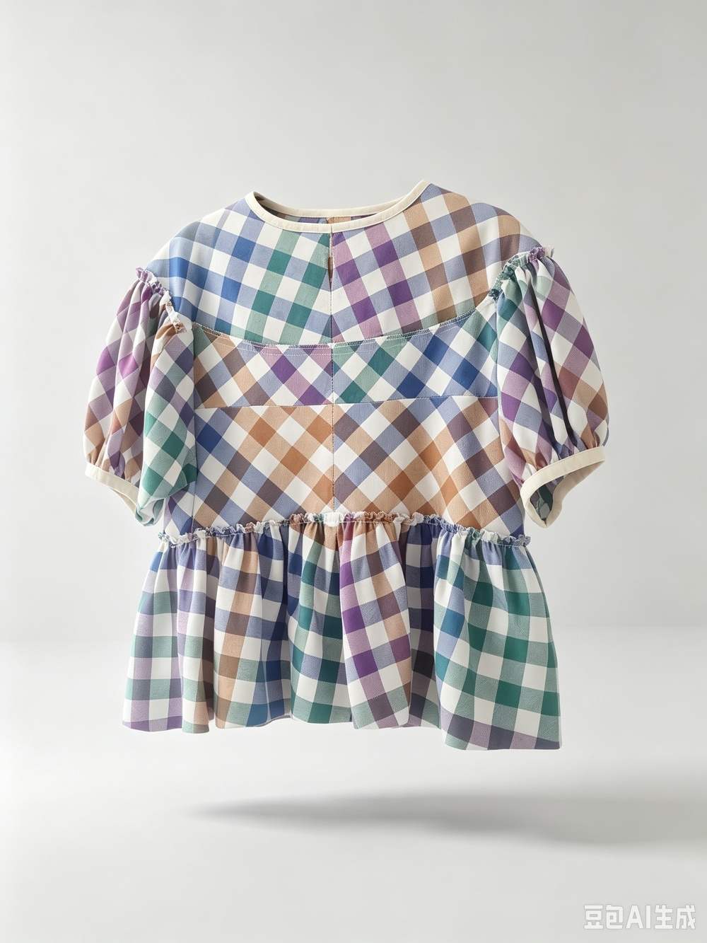 Comme des Garcons Multicolor Gingham Puff Sleeve Top in Blue, Green, Purple, Tan - Picture 2 of 10